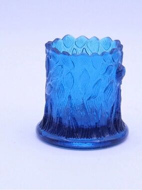Vintage Blue Glass Toothpick Holder Tree Trunk Floral Votive Candle Holder Decor